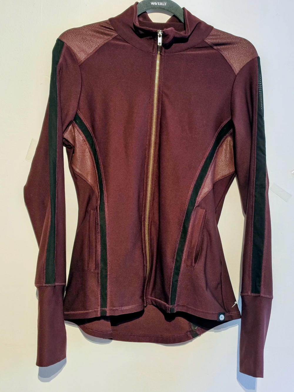 Gottex Sport Burgundy Zip-Up Athletic Jacket. Faux Leather Trim, Slim Fit